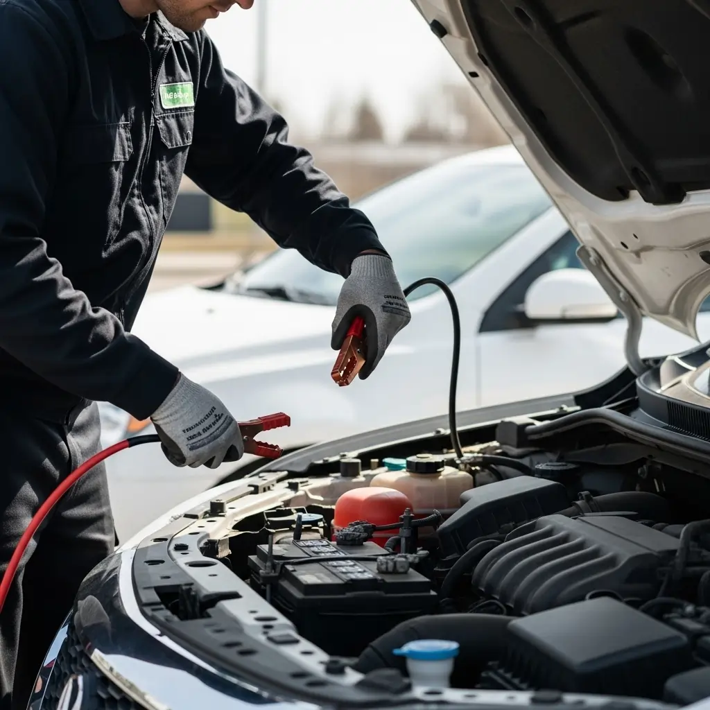 Roadside technician providing a battery boost