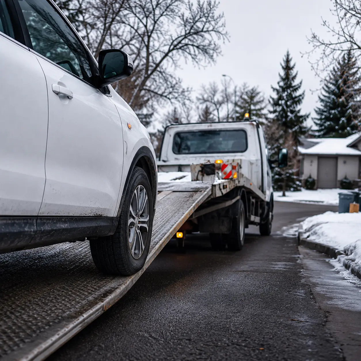 Quick Tow and Moving tow truck assisting a vehicle in a Calgary neighbourhood